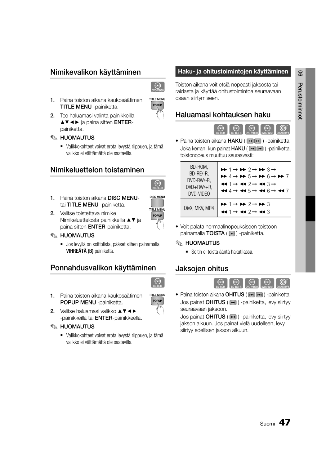 Samsung BD-D6500/XE Nimikevalikon käyttäminen, Nimikeluettelon toistaminen, Ponnahdusvalikon käyttäminen, Jaksojen ohitus 