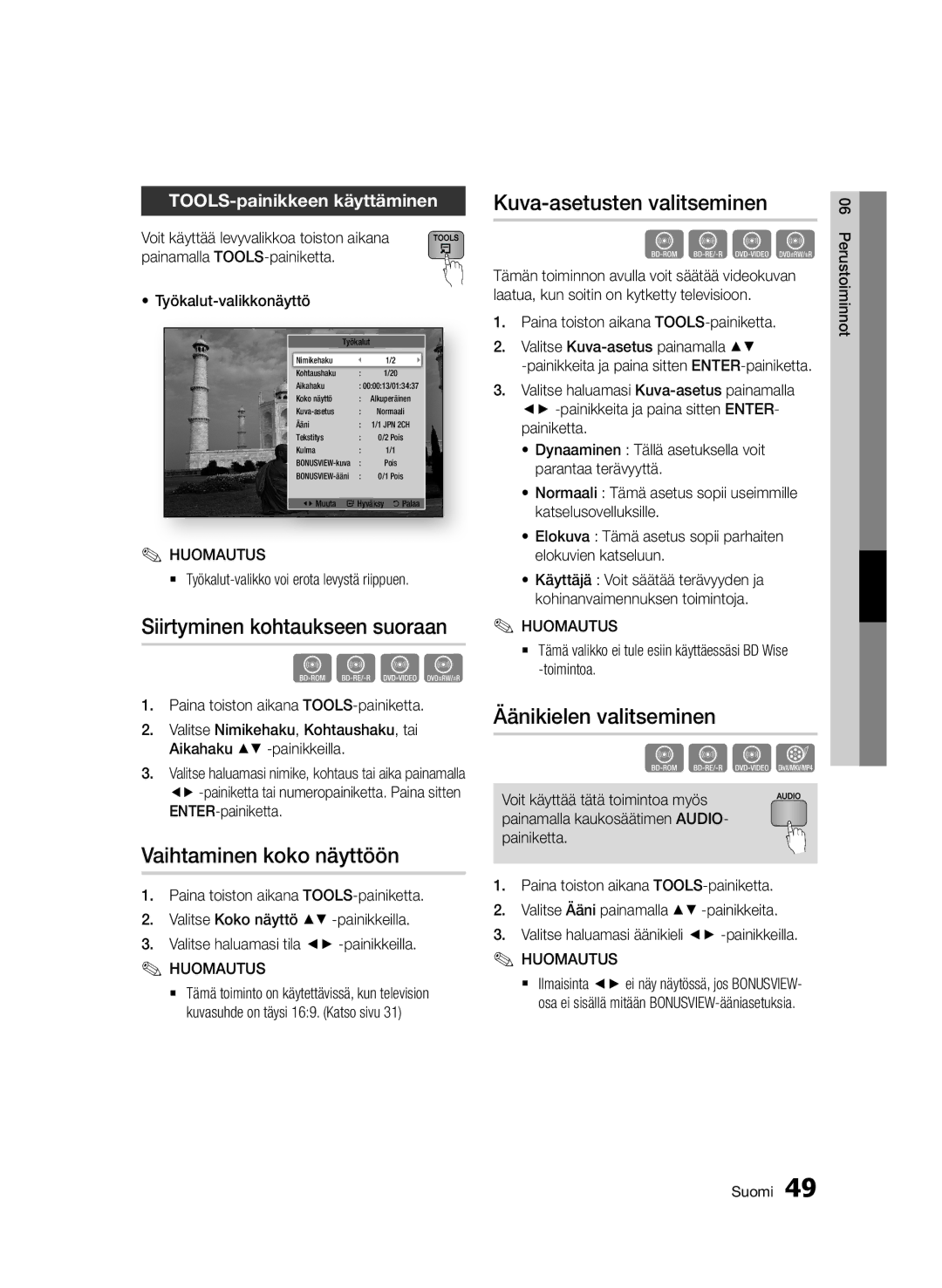 Samsung BD-D6500/XE manual Siirtyminen kohtaukseen suoraan, Vaihtaminen koko näyttöön, Kuva-asetusten valitseminen 