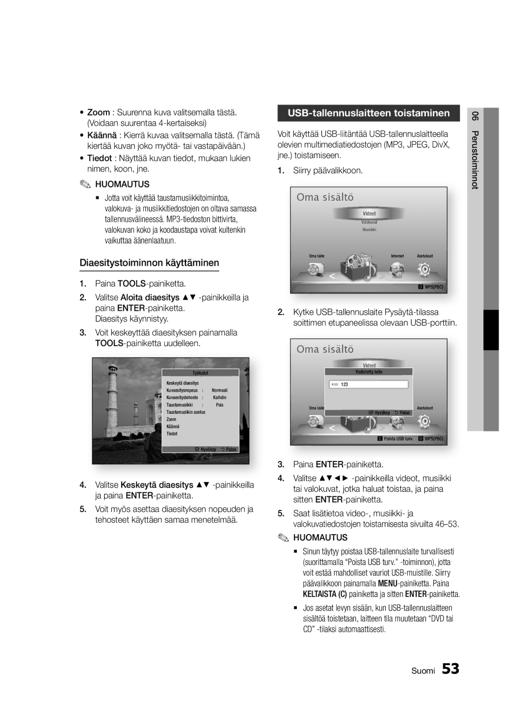 Samsung BD-D6500/XE manual Diaesitystoiminnon käyttäminen, USB-tallennuslaitteen toistaminen 