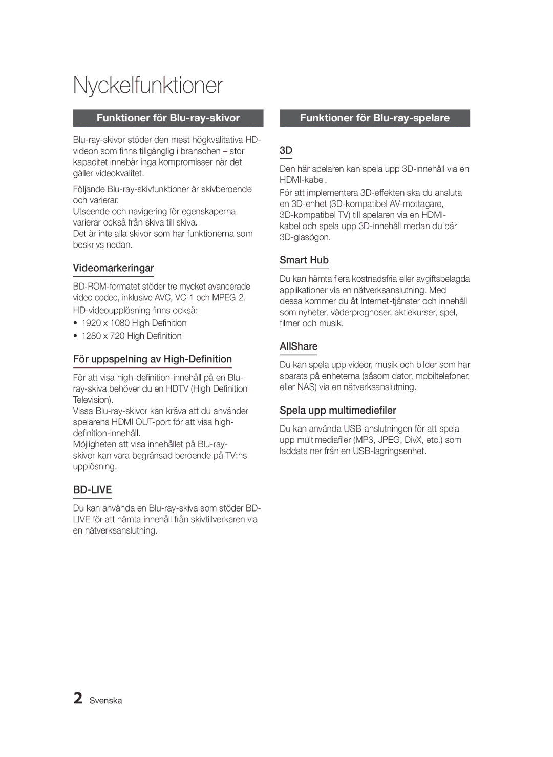 Samsung BD-D6500/XE manual Nyckelfunktioner, Funktioner för Blu-ray-skivor, Funktioner för Blu-ray-spelare 