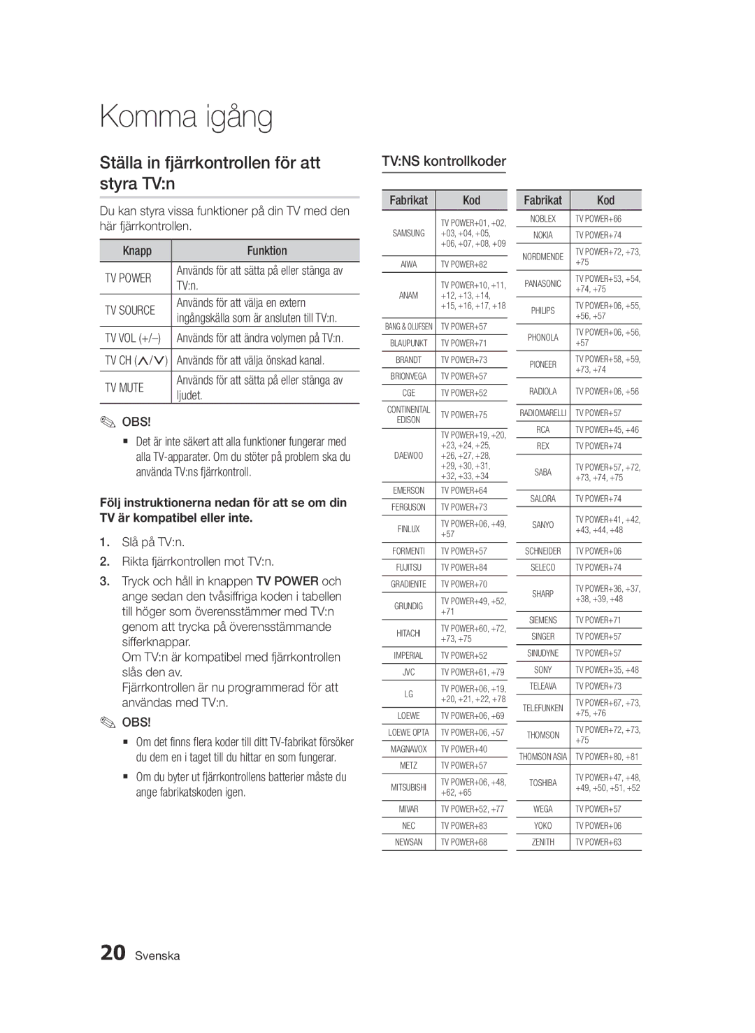 Samsung BD-D6500/XE manual Ställa in fjärrkontrollen för att styra TVn, TVns kontrollkoder, TV Power, TV Source, TV Mute 