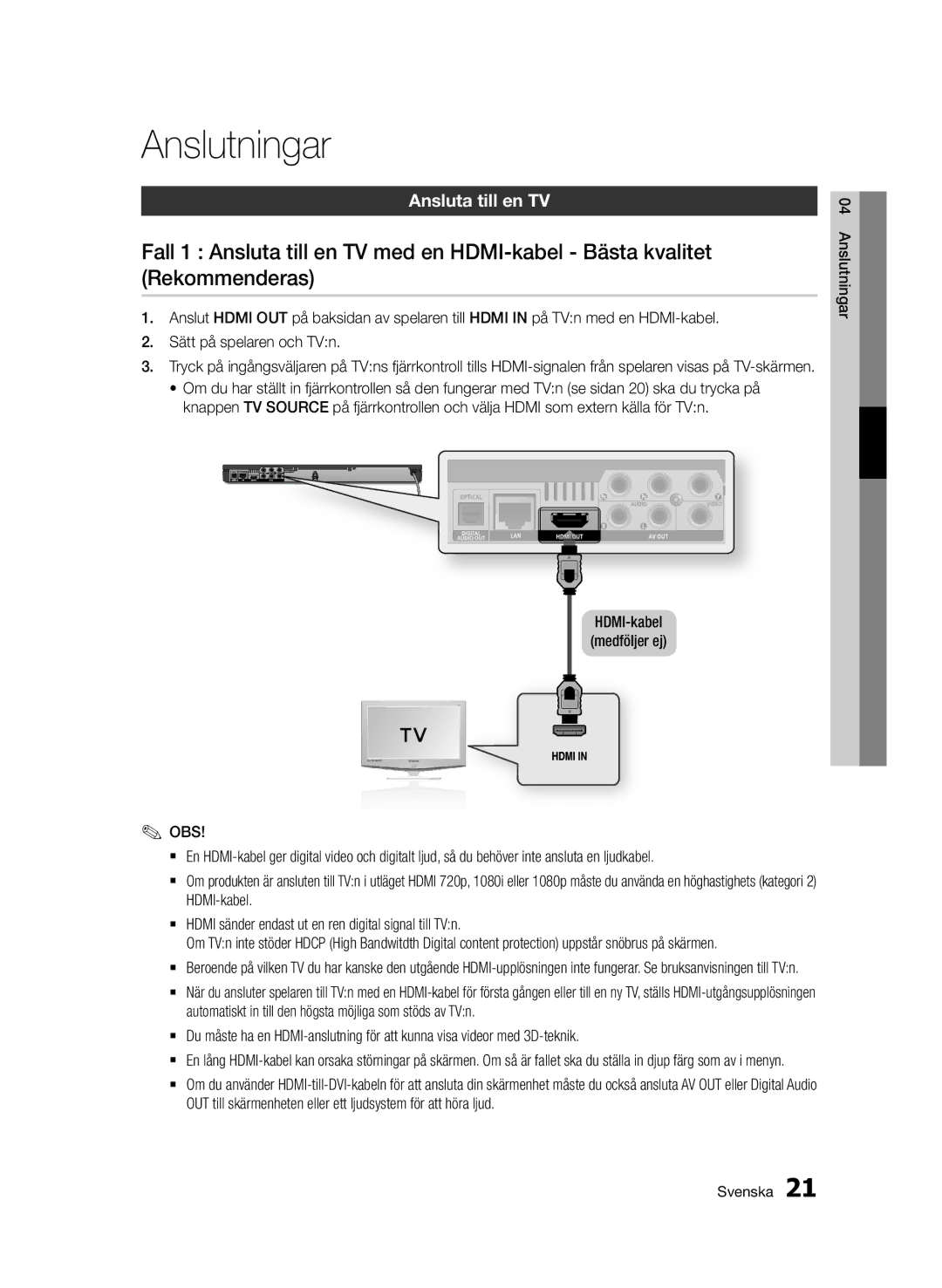 Samsung BD-D6500/XE manual Anslutningar, Ansluta till en TV 