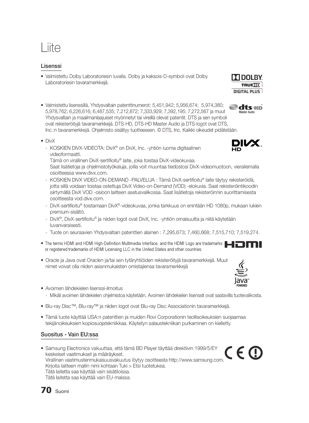 Samsung BD-D6500/XE manual Lisenssi, Suositus Vain EUssa 