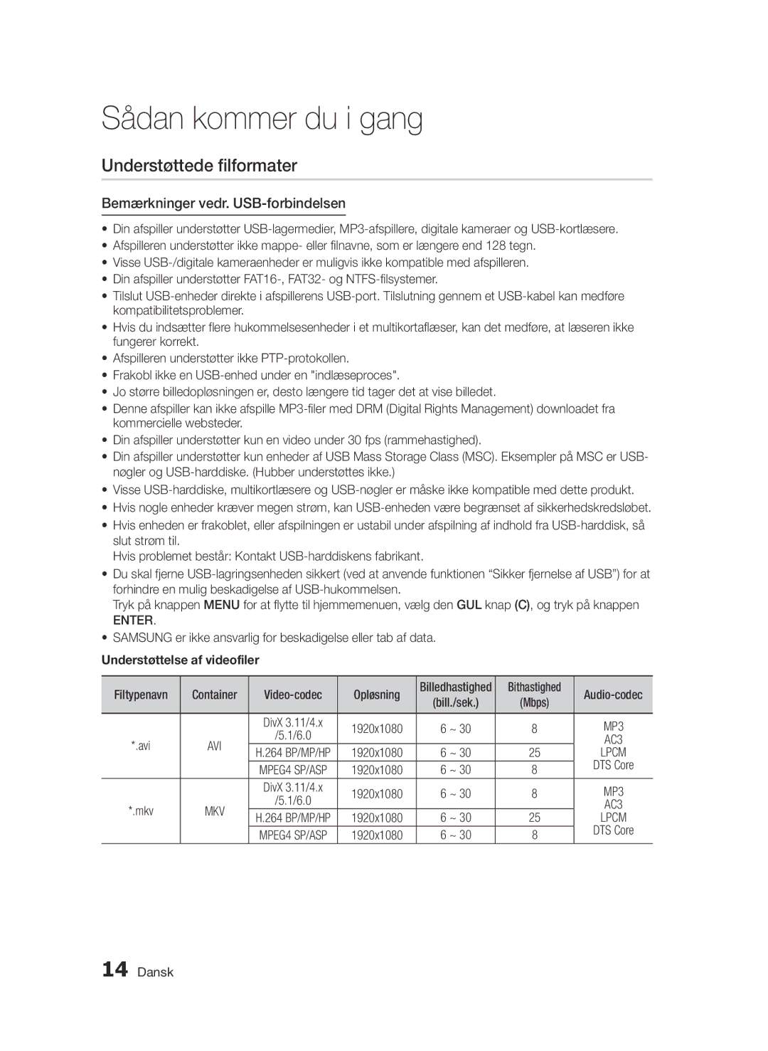 Samsung BD-D6500/XE manual Understøttede filformater, Bemærkninger vedr. USB-forbindelsen, Understøttelse af videofiler 