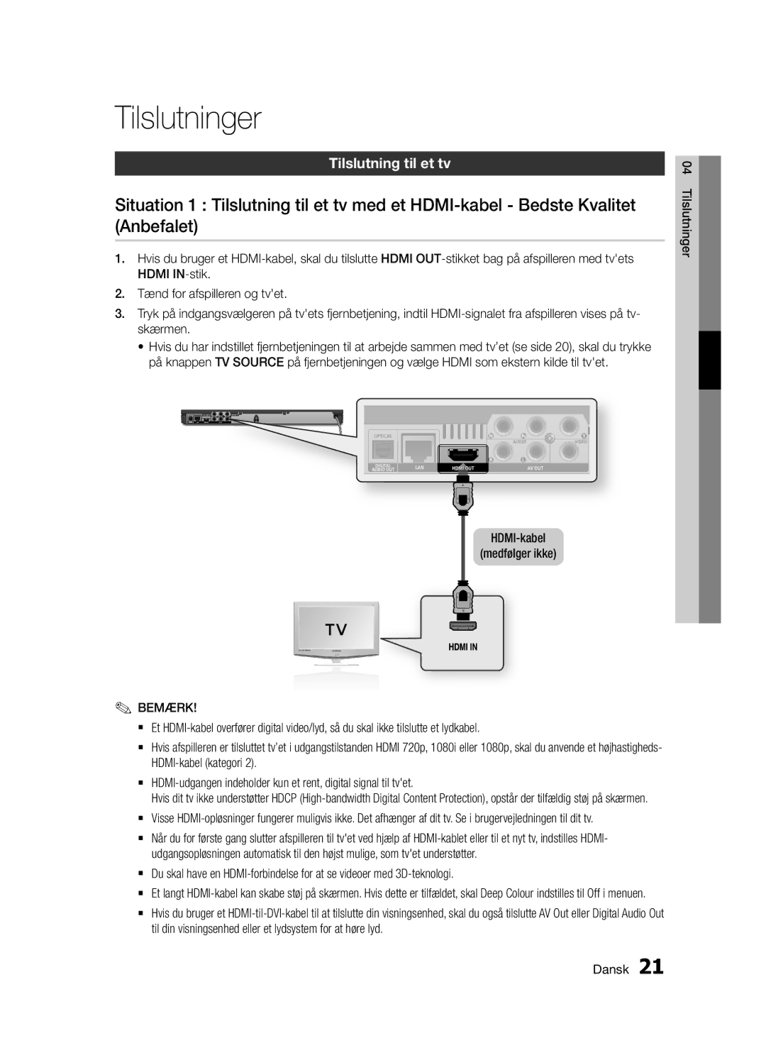 Samsung BD-D6500/XE manual Tilslutninger, Tilslutning til et tv, HDMI-kabel Medfølger ikke 