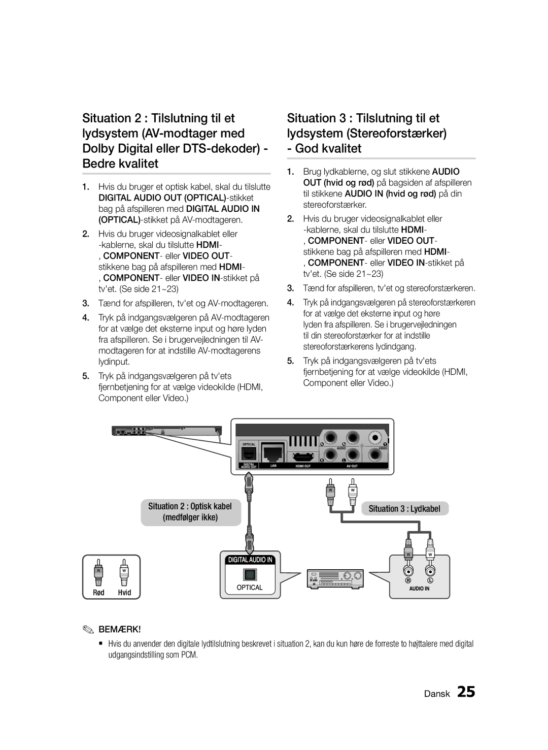 Samsung BD-D6500/XE Hvis du bruger et optisk kabel, skal du tilslutte, Tænd for afspilleren, tvet og stereoforstærkeren 