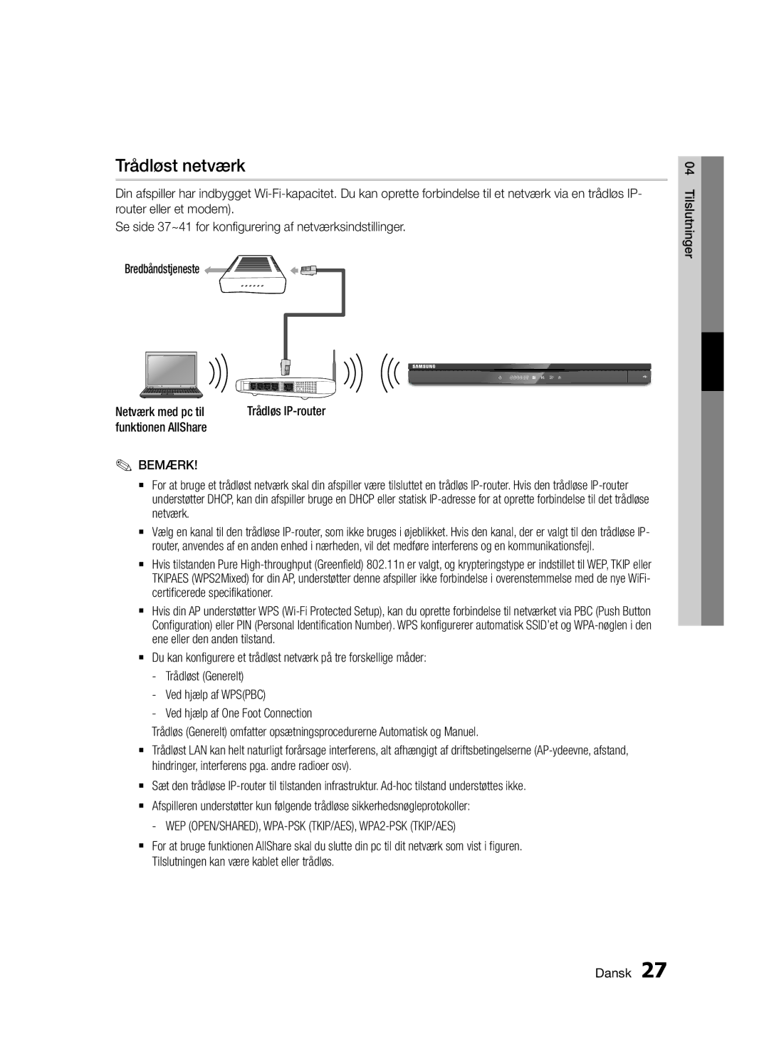 Samsung BD-D6500/XE manual Trådløst netværk 