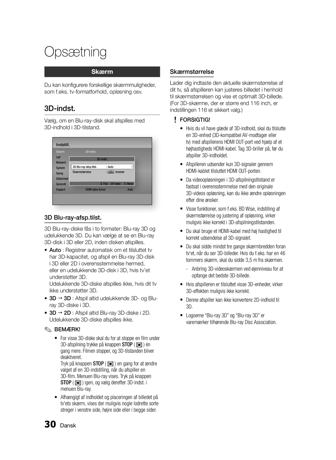 Samsung BD-D6500/XE manual 3D-indst, 3D Blu-ray-afsp.tilst, Skærmstørrelse, Stop 