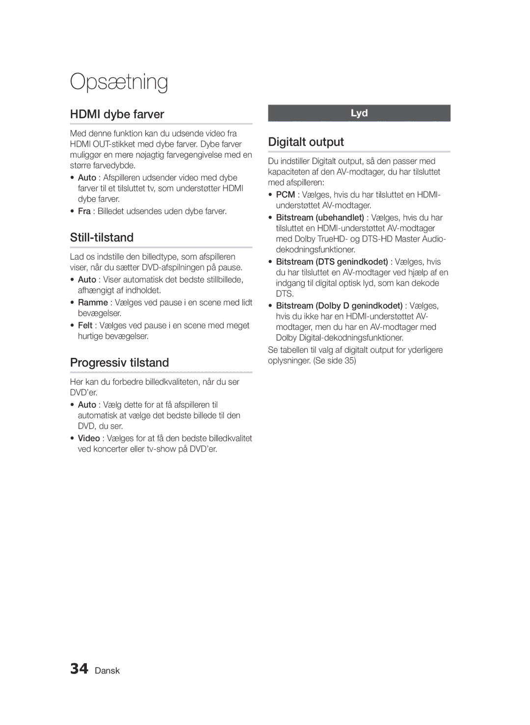 Samsung BD-D6500/XE manual Hdmi dybe farver, Still-tilstand, Progressiv tilstand, Digitalt output 