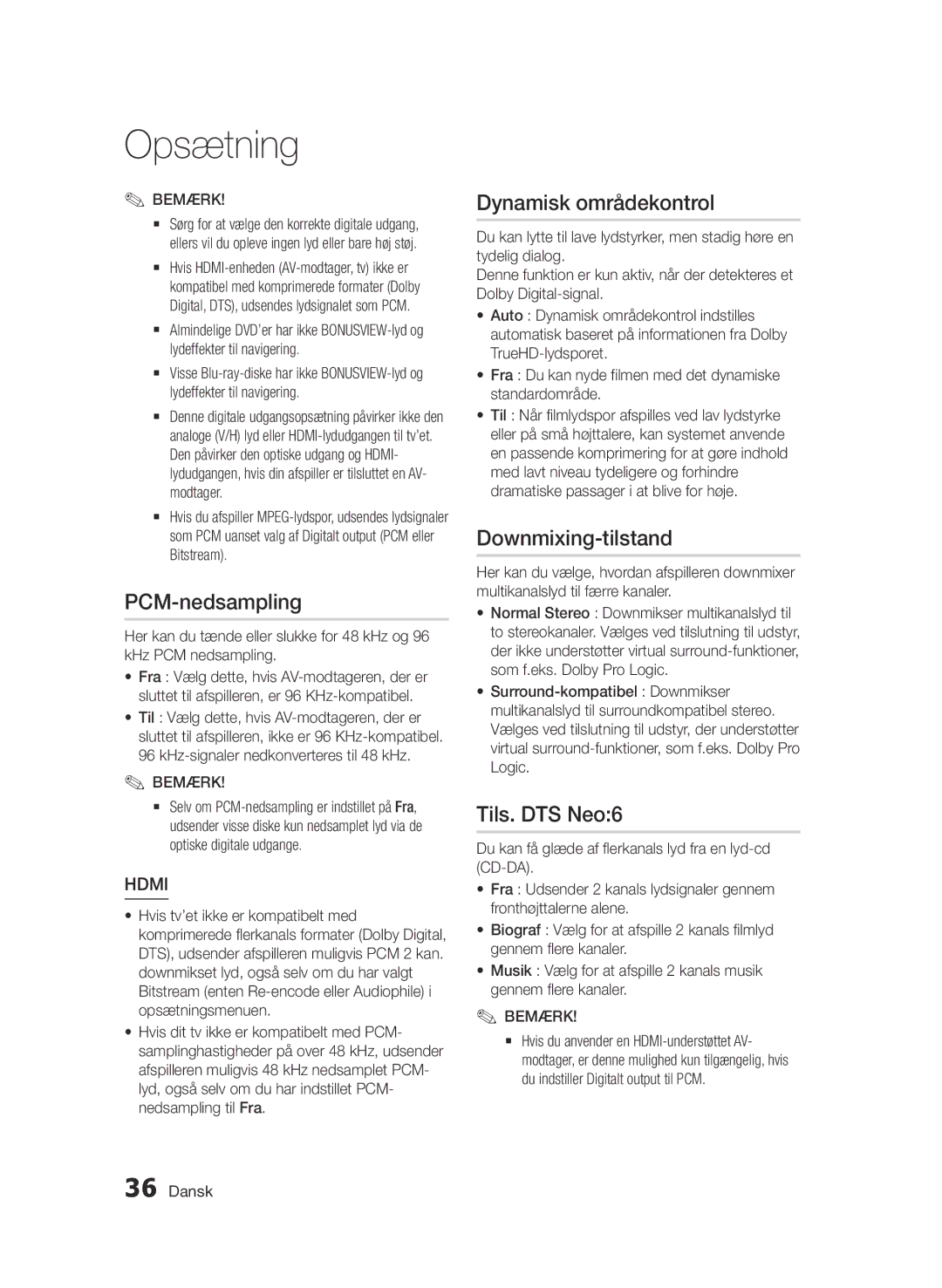 Samsung BD-D6500/XE manual Dynamisk områdekontrol, Downmixing-tilstand, Tils. DTS Neo6 