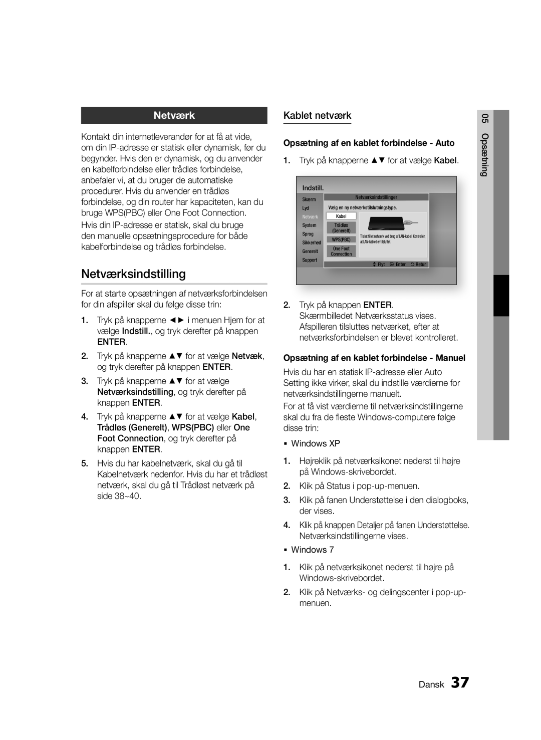 Samsung BD-D6500/XE manual Netværksindstilling, Kablet netværk, Opsætning af en kablet forbindelse Auto 