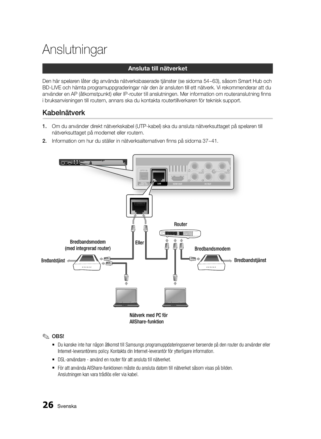 Samsung BD-D6500/XE manual Kabelnätverk, Ansluta till nätverket, Eller Bredbandsmodem, Bredbandstjänst 