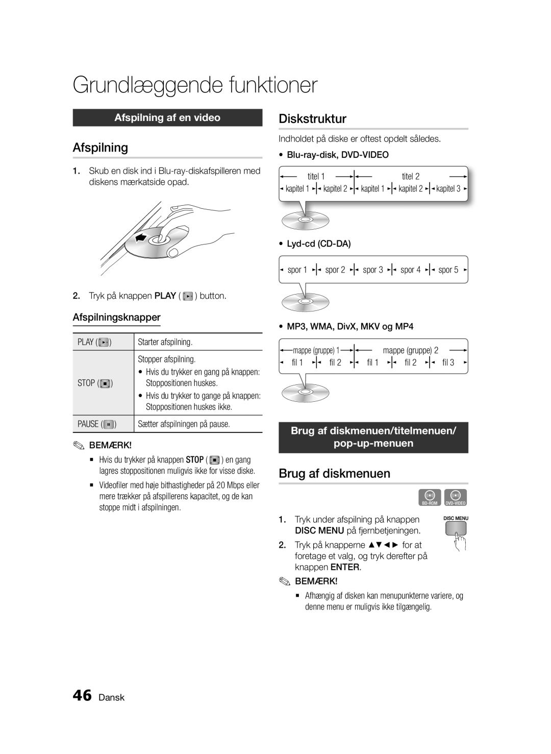 Samsung BD-D6500/XE manual Grundlæggende funktioner, Afspilning, Diskstruktur, Brug af diskmenuen 