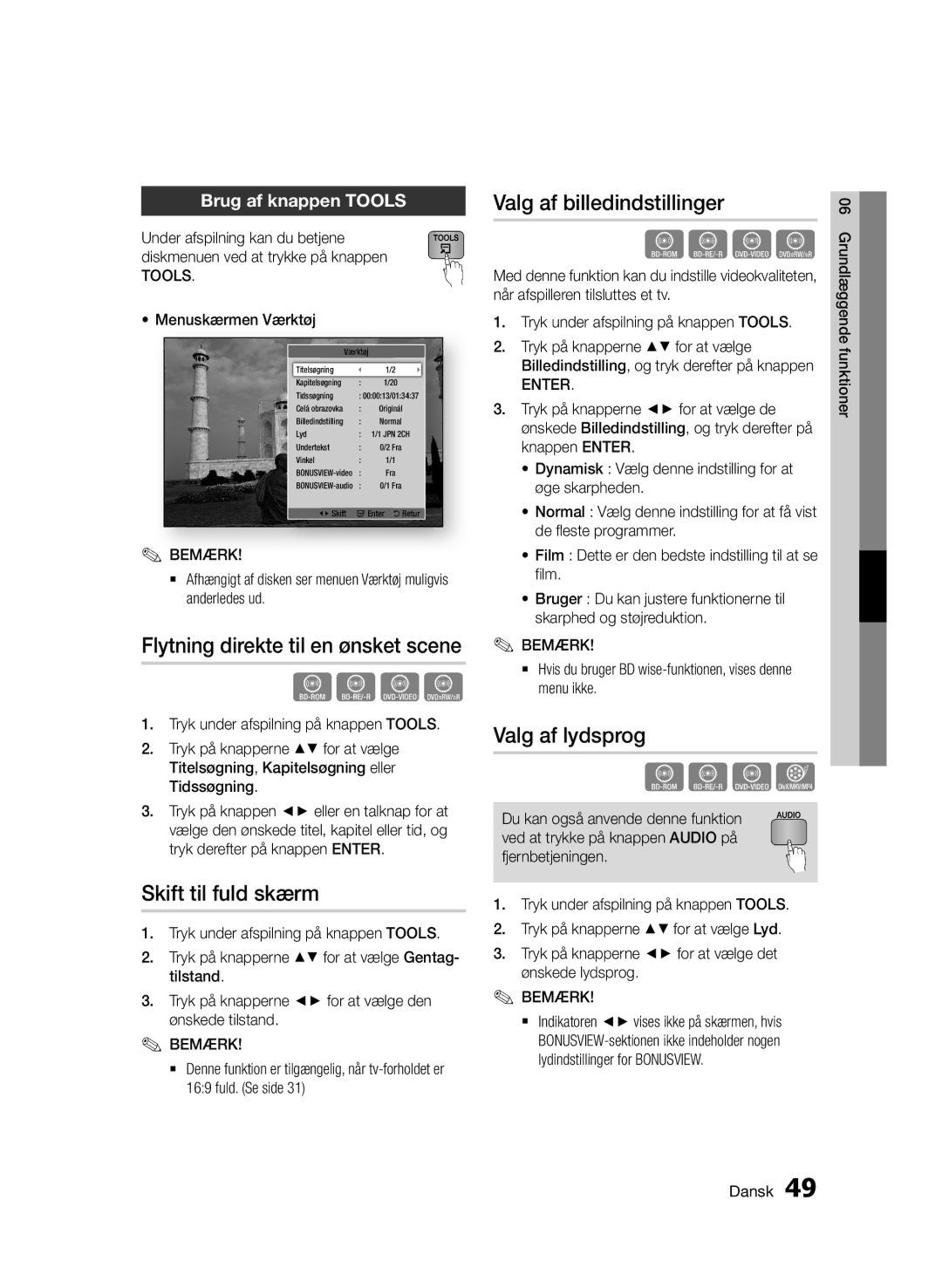 Samsung BD-D6500/XE manual Flytning direkte til en ønsket scene, Skift til fuld skærm, Valg af billedindstillinger 