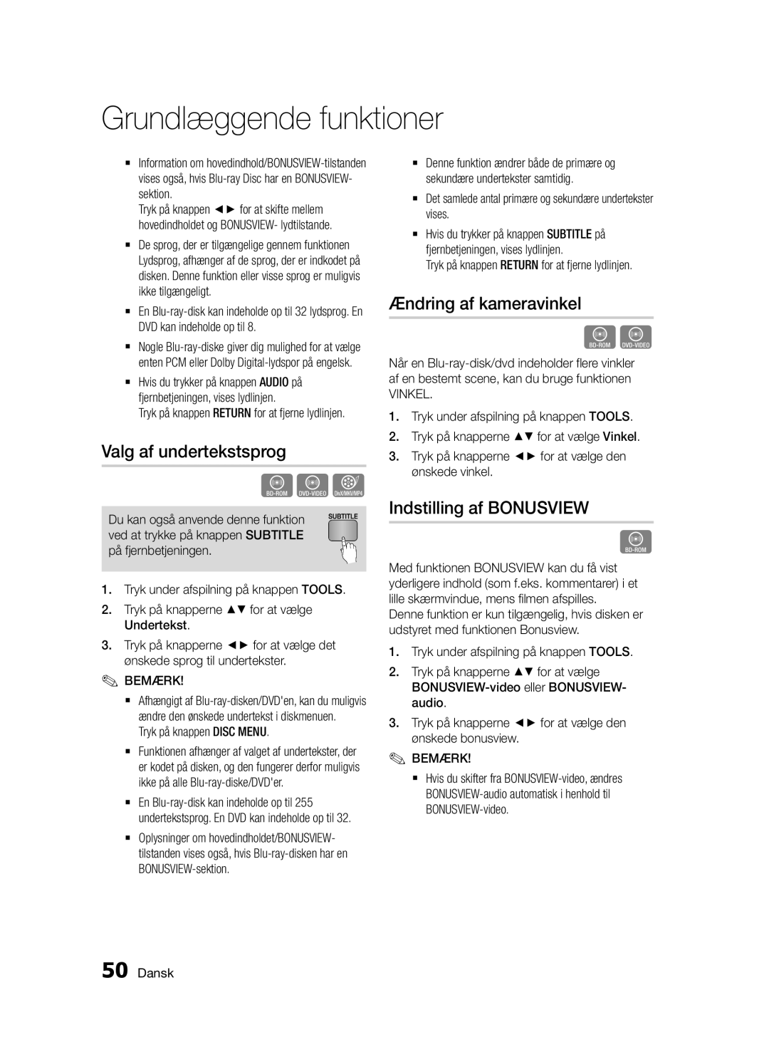 Samsung BD-D6500/XE manual Valg af undertekstsprog, Ændring af kameravinkel, Indstilling af Bonusview 