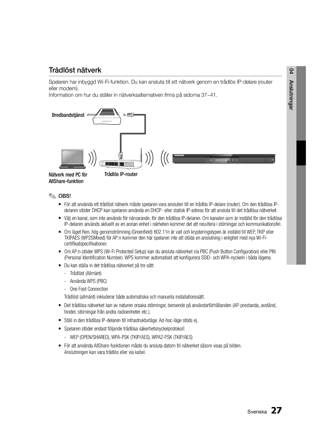 Samsung BD-D6500/XE manual Trådlöst nätverk, Obs, WEP OPEN/SHARED, WPA-PSK TKIP/AES, WPA2-PSK TKIP/AES 