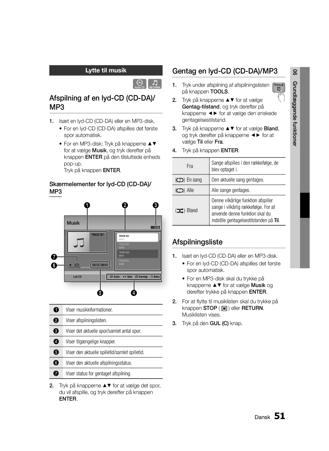 Samsung BD-D6500/XE Afspilning af en lyd-CD CD-DA/ MP3, Gentag en lyd-CD CD-DA/MP3, Afspilningsliste, Lytte til musik 