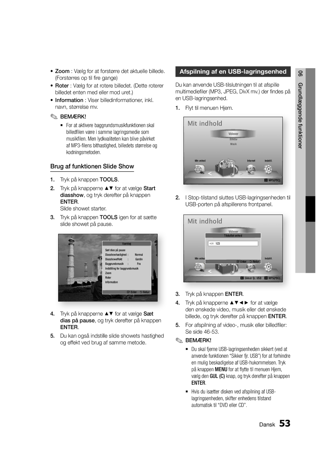 Samsung BD-D6500/XE manual Brug af funktionen Slide Show, Afspilning af en USB-lagringsenhed 