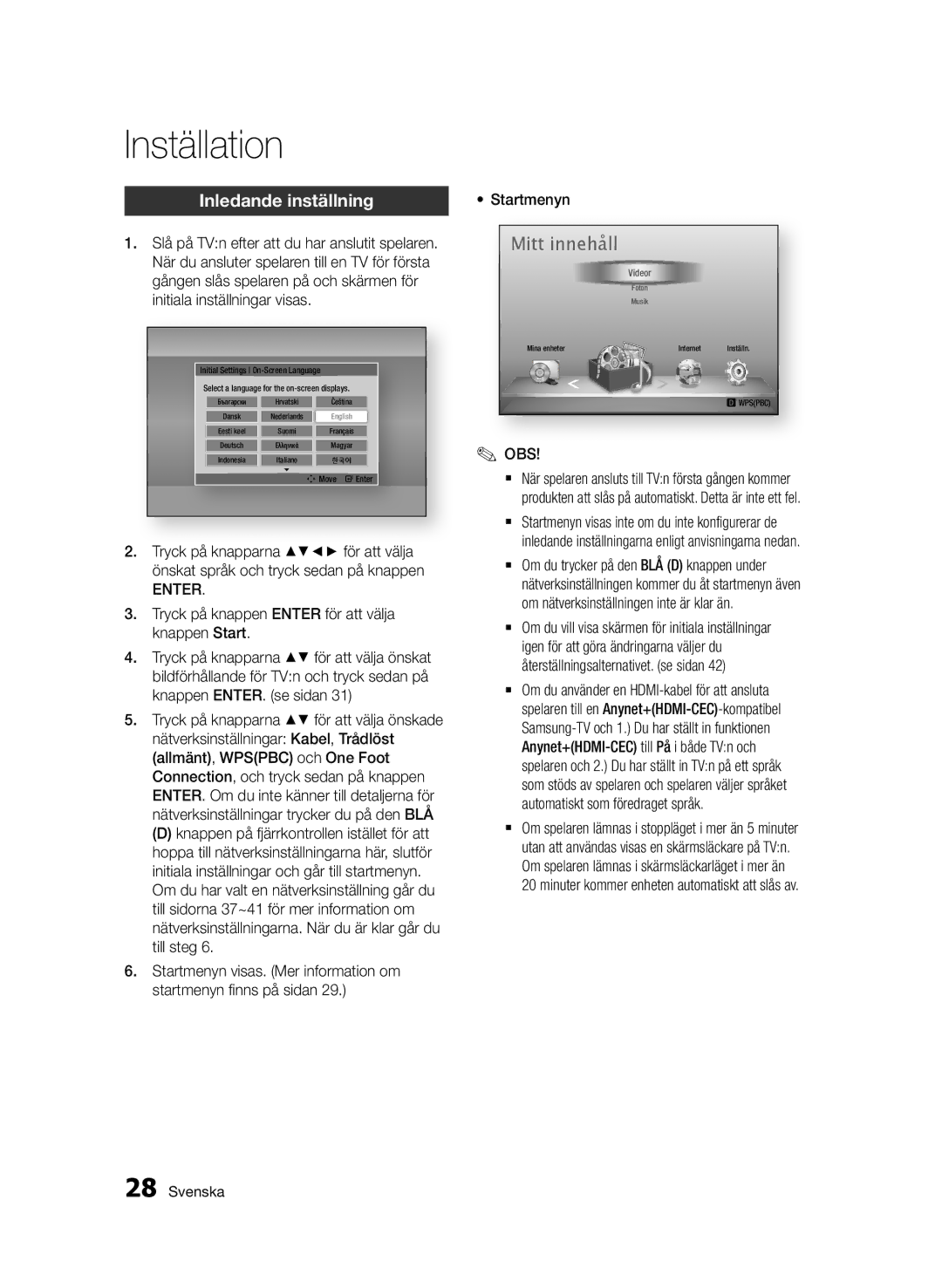 Samsung BD-D6500/XE manual Inställation, Inledande inställning, Tryck på knappen Enter för att välja knappen Start 