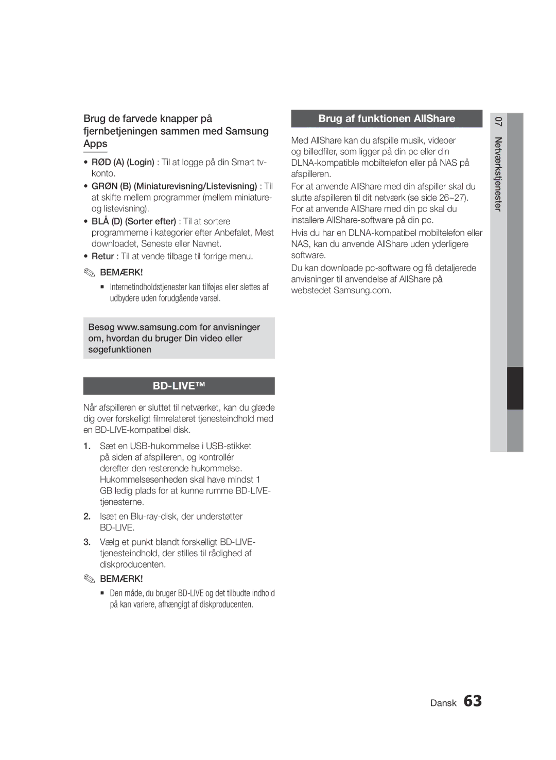 Samsung BD-D6500/XE manual Brug af funktionen AllShare 