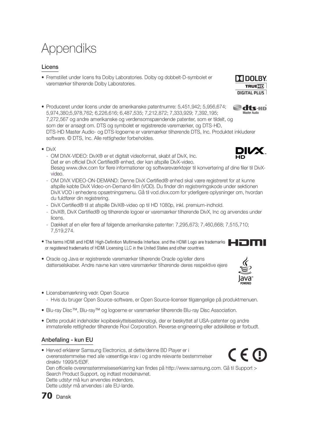 Samsung BD-D6500/XE manual Licens, Anbefaling kun EU 