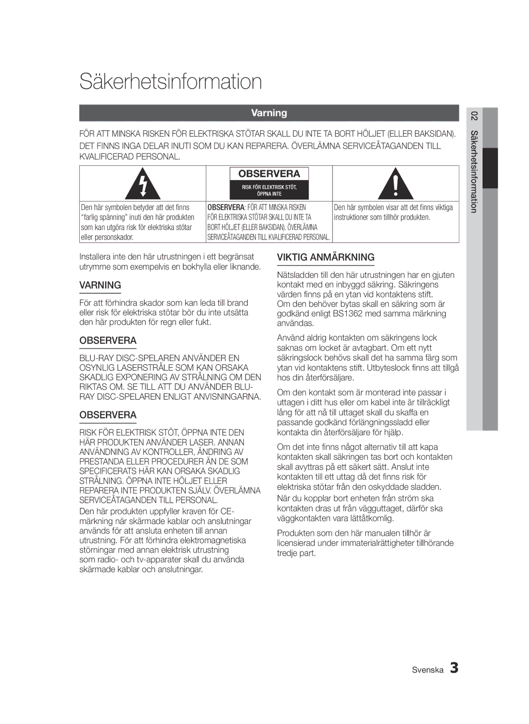 Samsung BD-D6500/XE manual Säkerhetsinformation, Varning, Instruktioner som tillhör produkten 