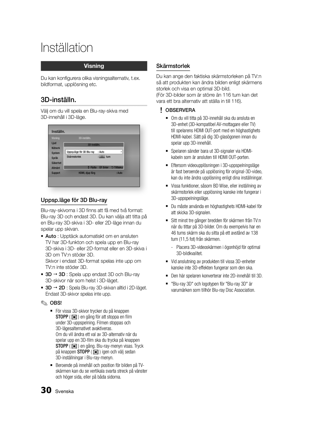 Samsung BD-D6500/XE manual 3D-inställn, Visning, Uppsp.läge för 3D Blu-ray, Skärmstorlek, Stopp 