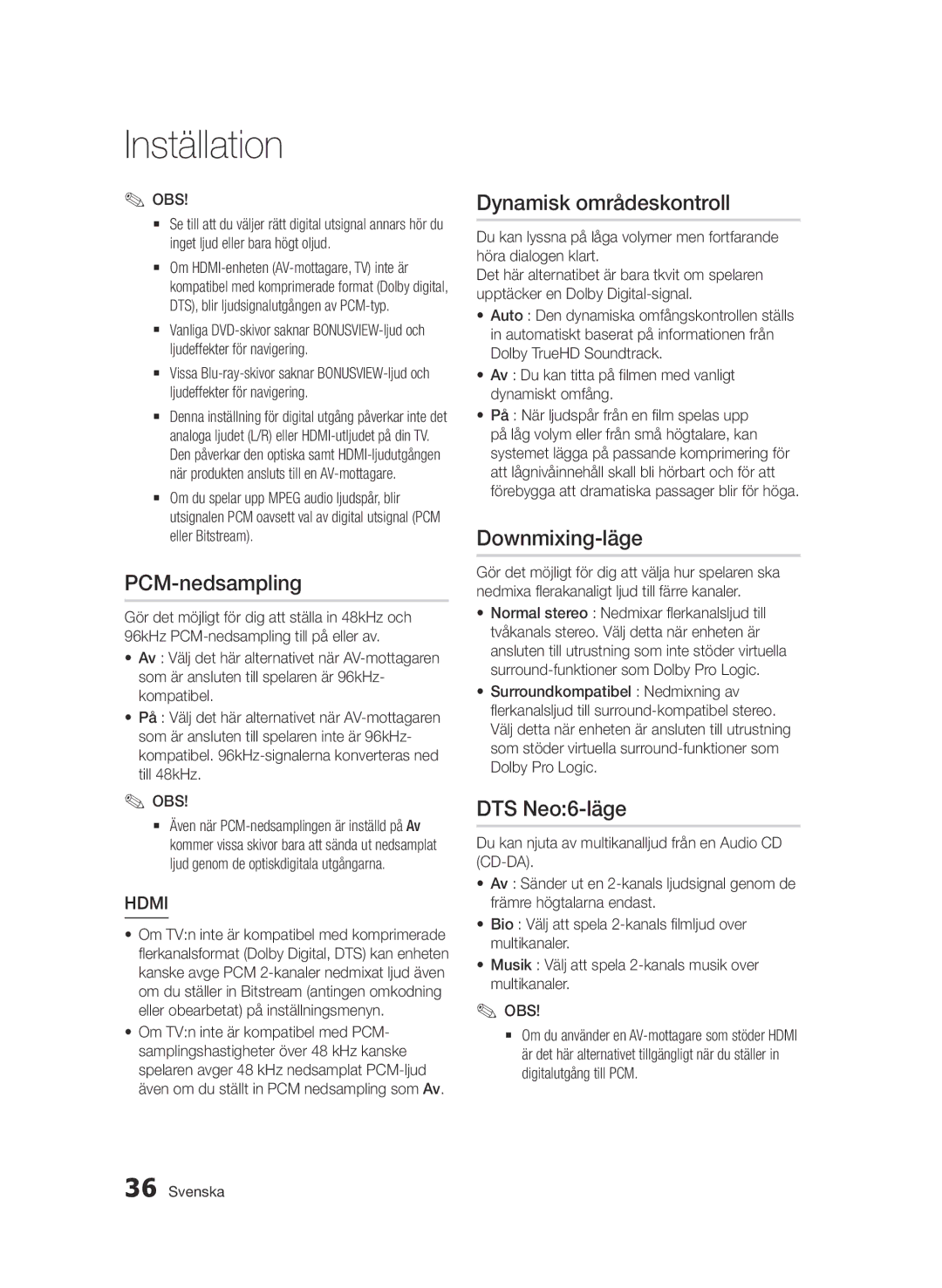 Samsung BD-D6500/XE manual PCM-nedsampling, Dynamisk områdeskontroll, Downmixing-läge, DTS Neo6-läge 