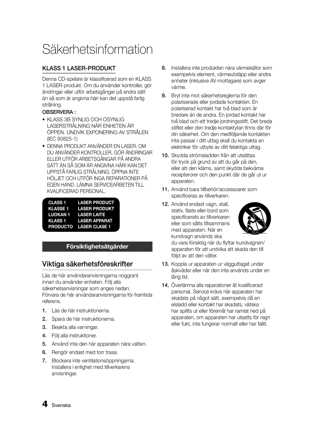 Samsung BD-D6500/XE manual Viktiga säkerhetsföreskrifter, Försiktighetsåtgärder 