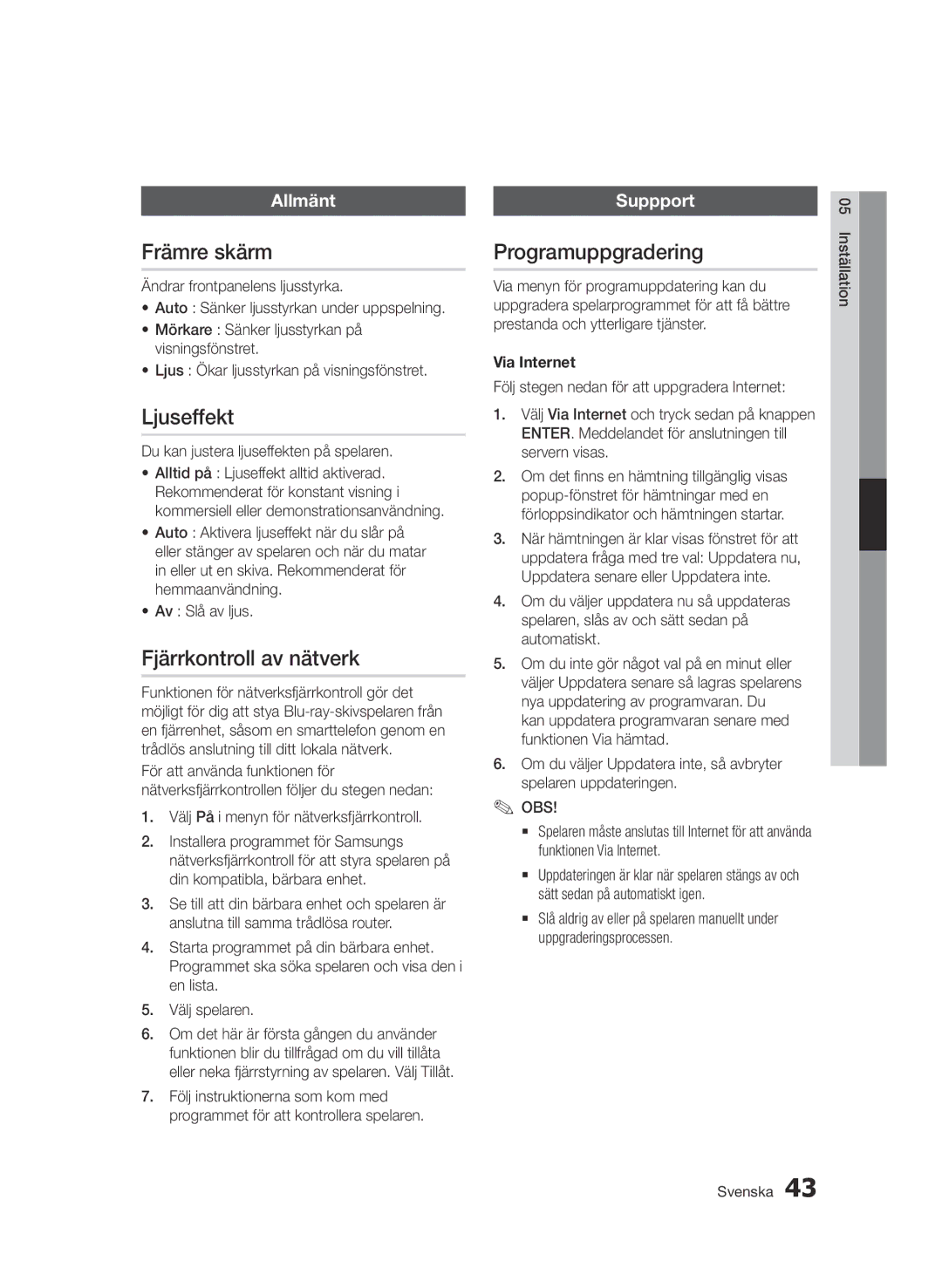 Samsung BD-D6500/XE manual Främre skärm, Ljuseffekt, Fjärrkontroll av nätverk, Programuppgradering 