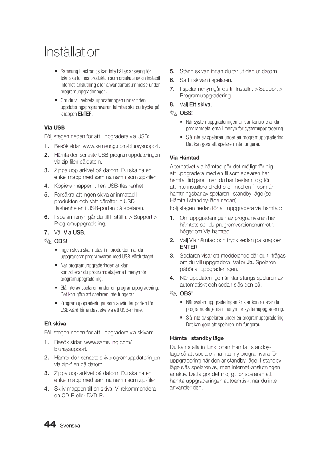 Samsung BD-D6500/XE manual Via USB, Eft skiva, Via Hämtad, Hämta i standby läge 