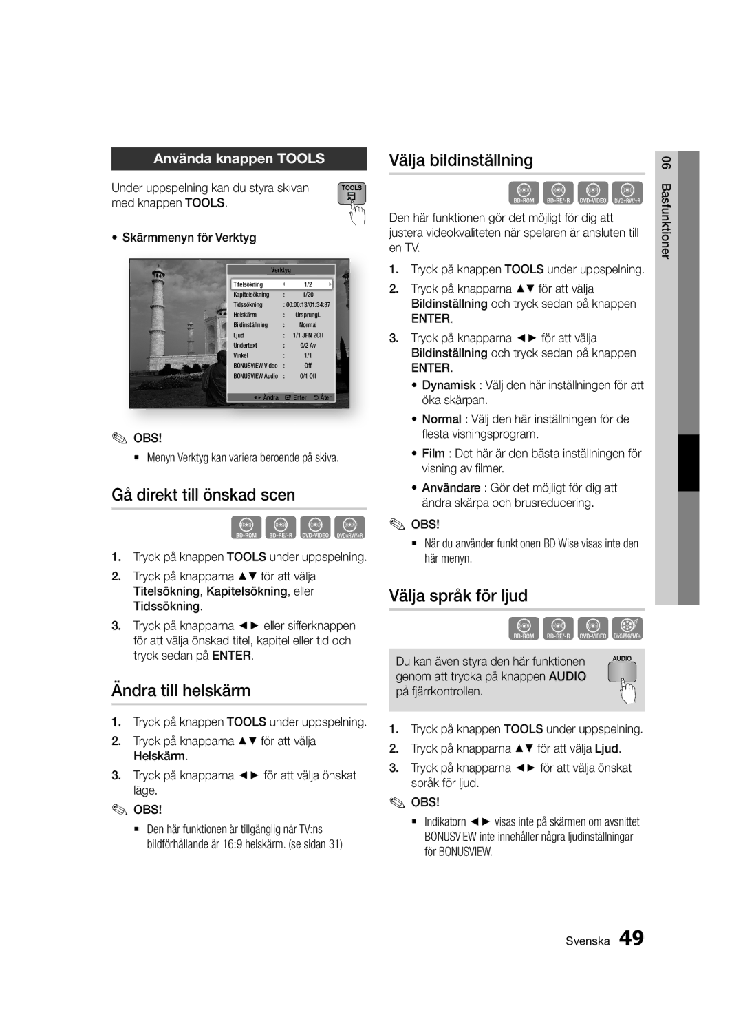 Samsung BD-D6500/XE manual Gå direkt till önskad scen, Ändra till helskärm, Välja bildinställning, Välja språk för ljud 