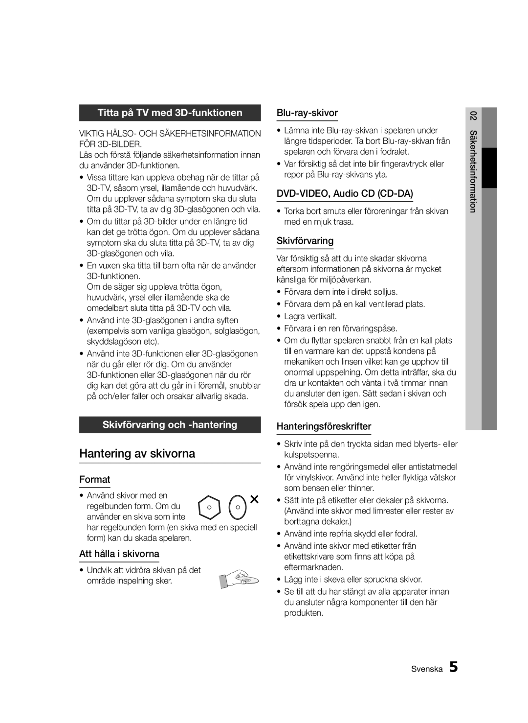 Samsung BD-D6500/XE manual Hantering av skivorna, Titta på TV med 3D-funktionen, Skivförvaring och -hantering 