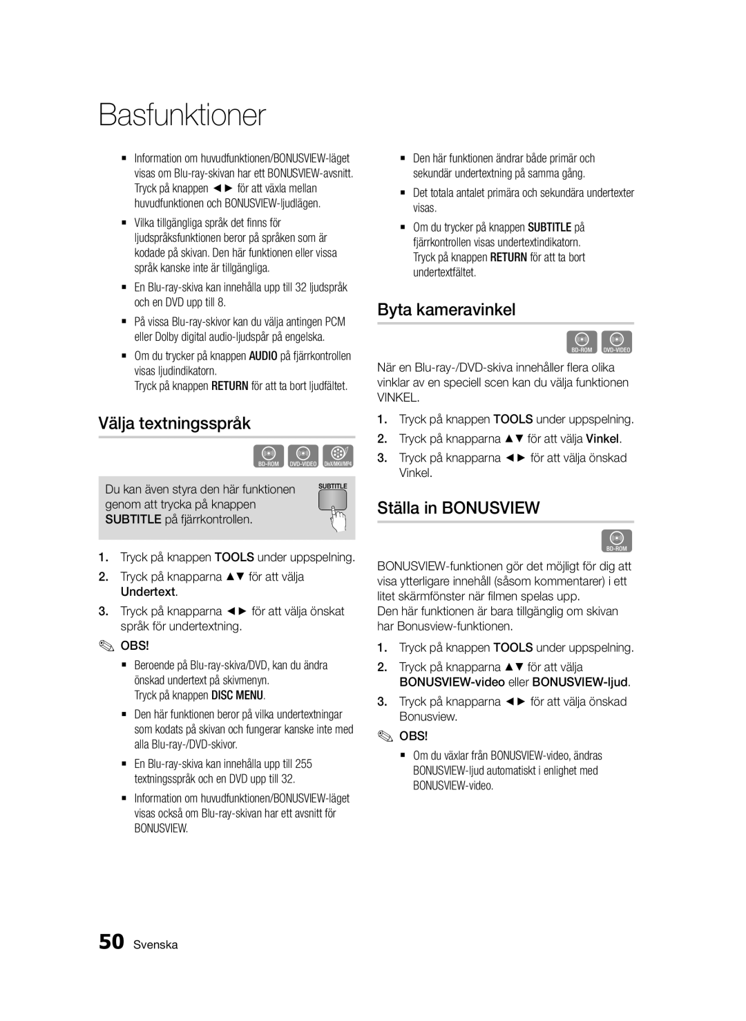 Samsung BD-D6500/XE manual Välja textningsspråk, Byta kameravinkel, Ställa in Bonusview, Vinkel 