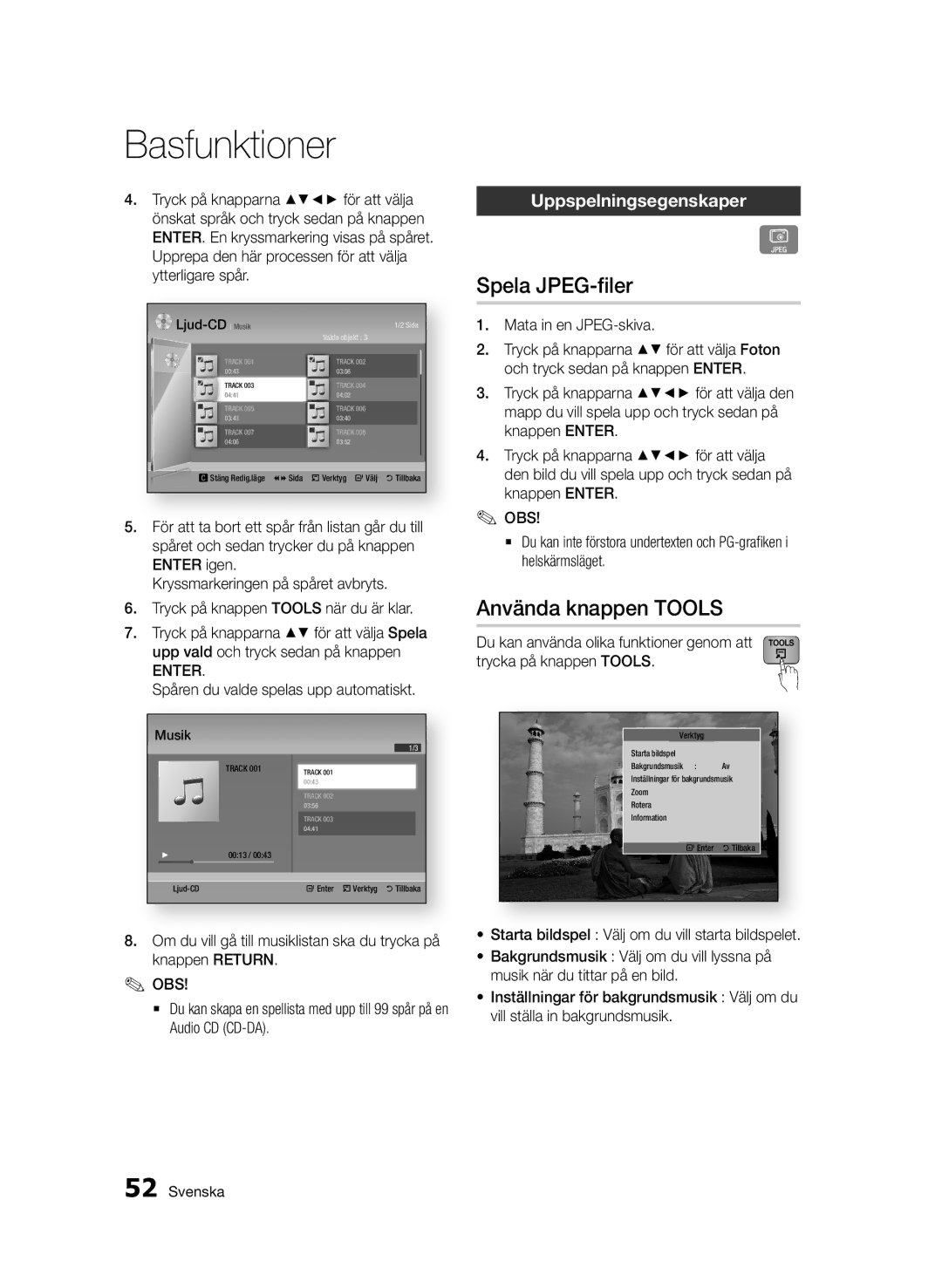 Samsung BD-D6500/XE manual Spela JPEG-filer, Använda knappen Tools, Uppspelningsegenskaper, Mata in en JPEG-skiva 