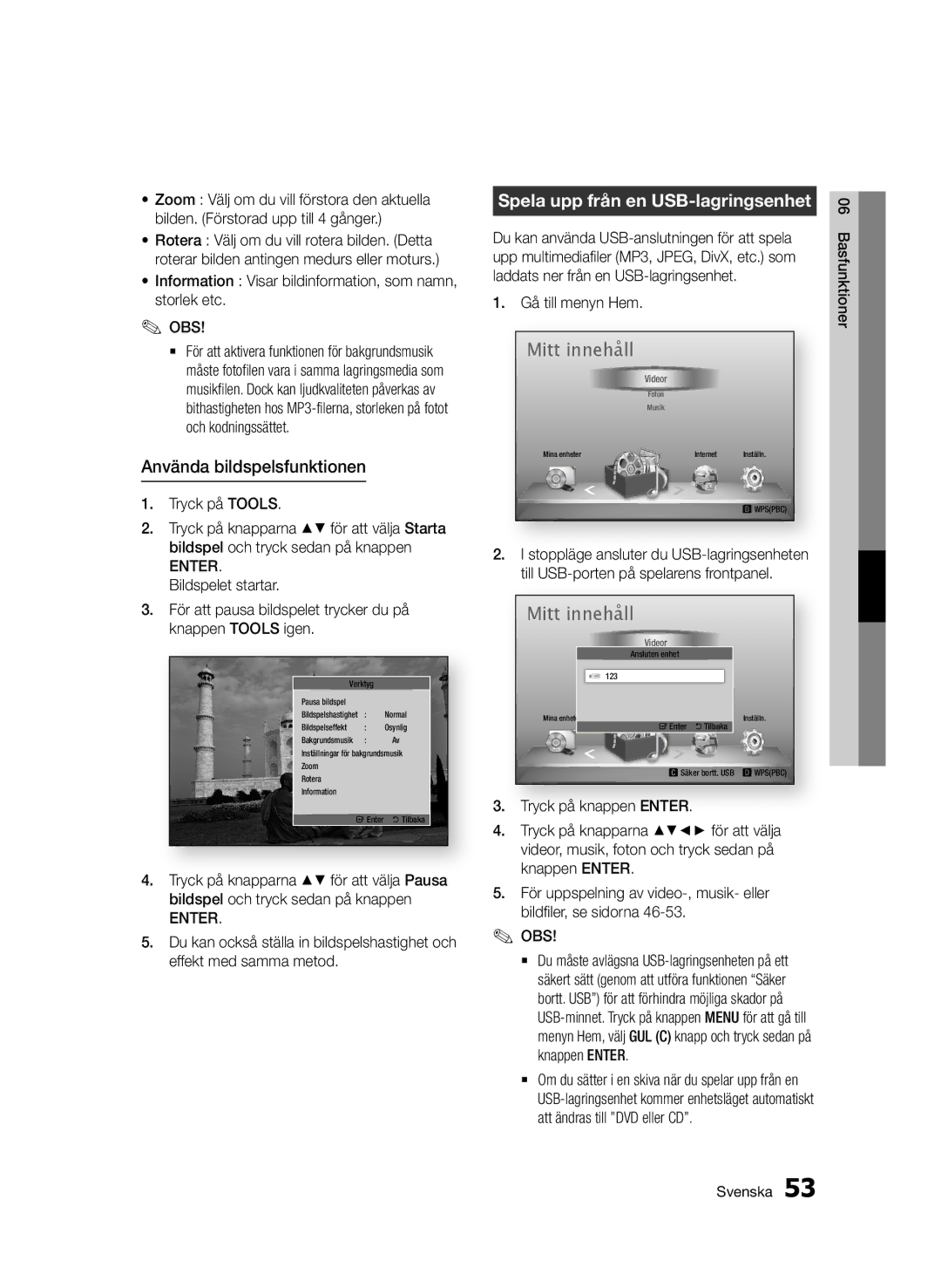 Samsung BD-D6500/XE manual Använda bildspelsfunktionen, Spela upp från en USB-lagringsenhet 