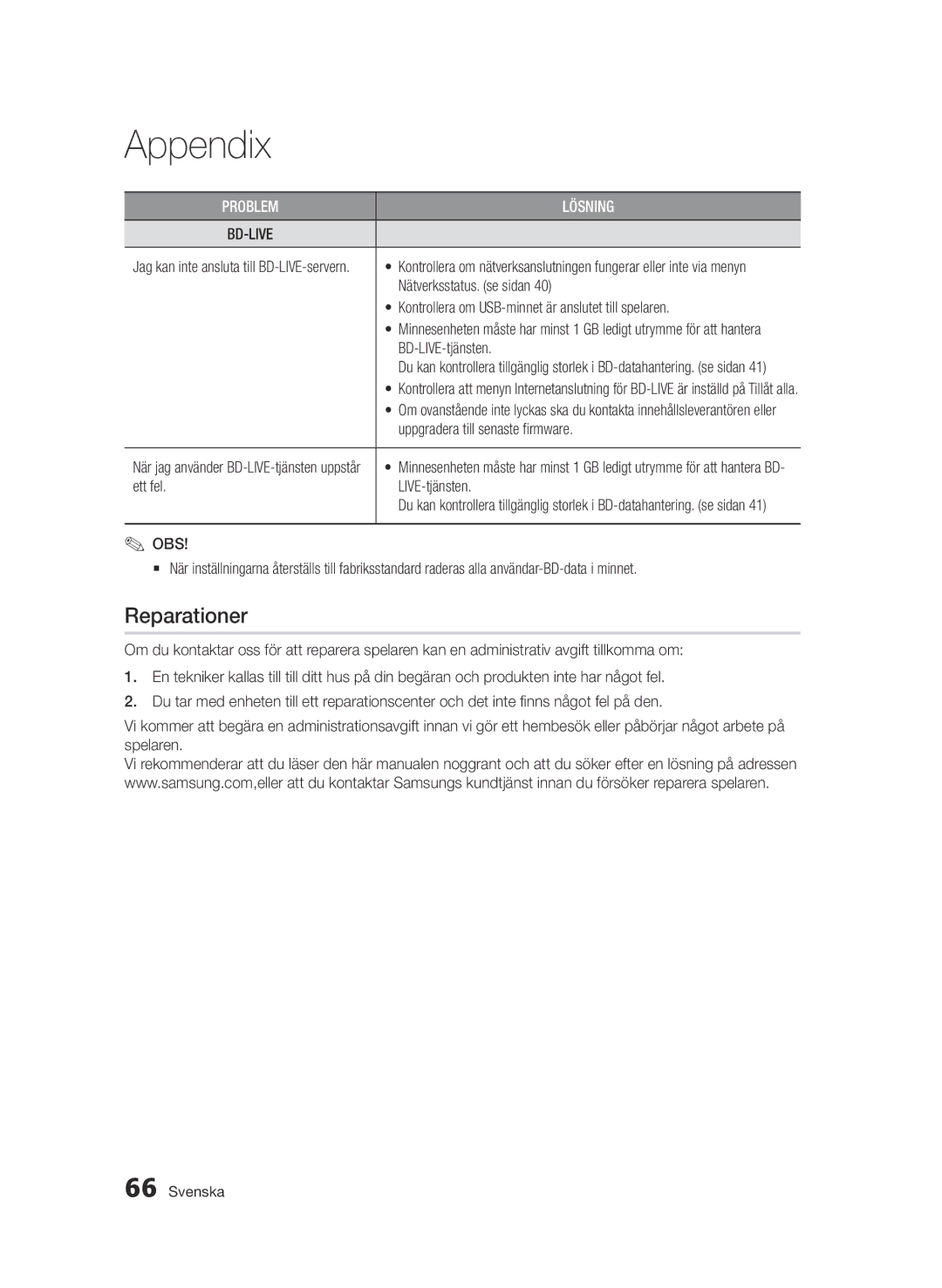 Samsung BD-D6500/XE manual Reparationer 