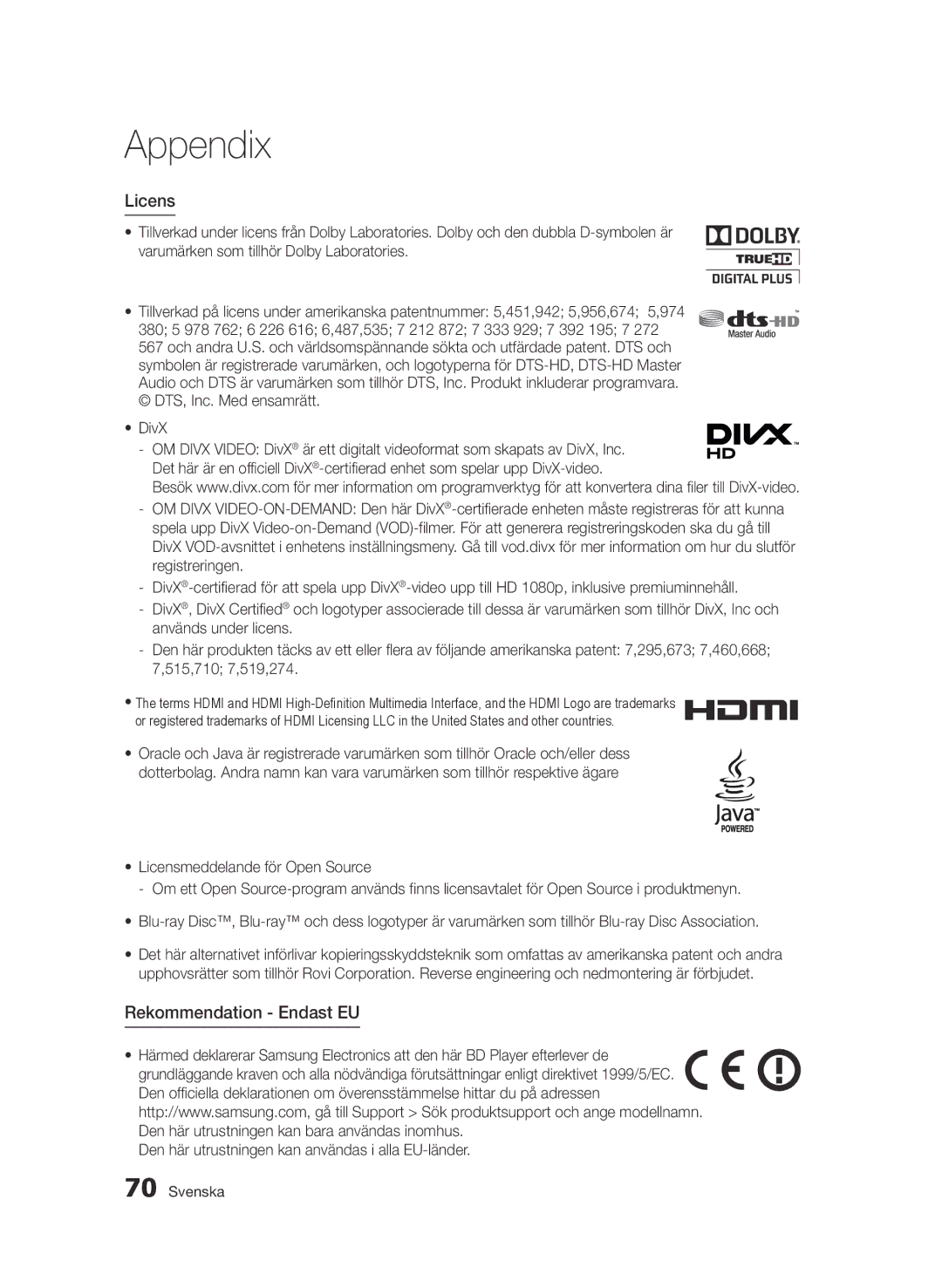 Samsung BD-D6500/XE manual Licens, Rekommendation Endast EU, Den här utrustningen kan användas i alla EU-länder 