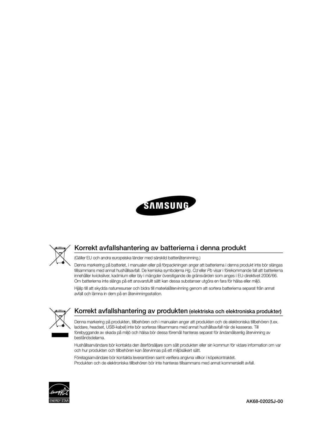 Samsung BD-D6500/XE manual Korrekt avfallshantering av batterierna i denna produkt, AK68-02025J-00 