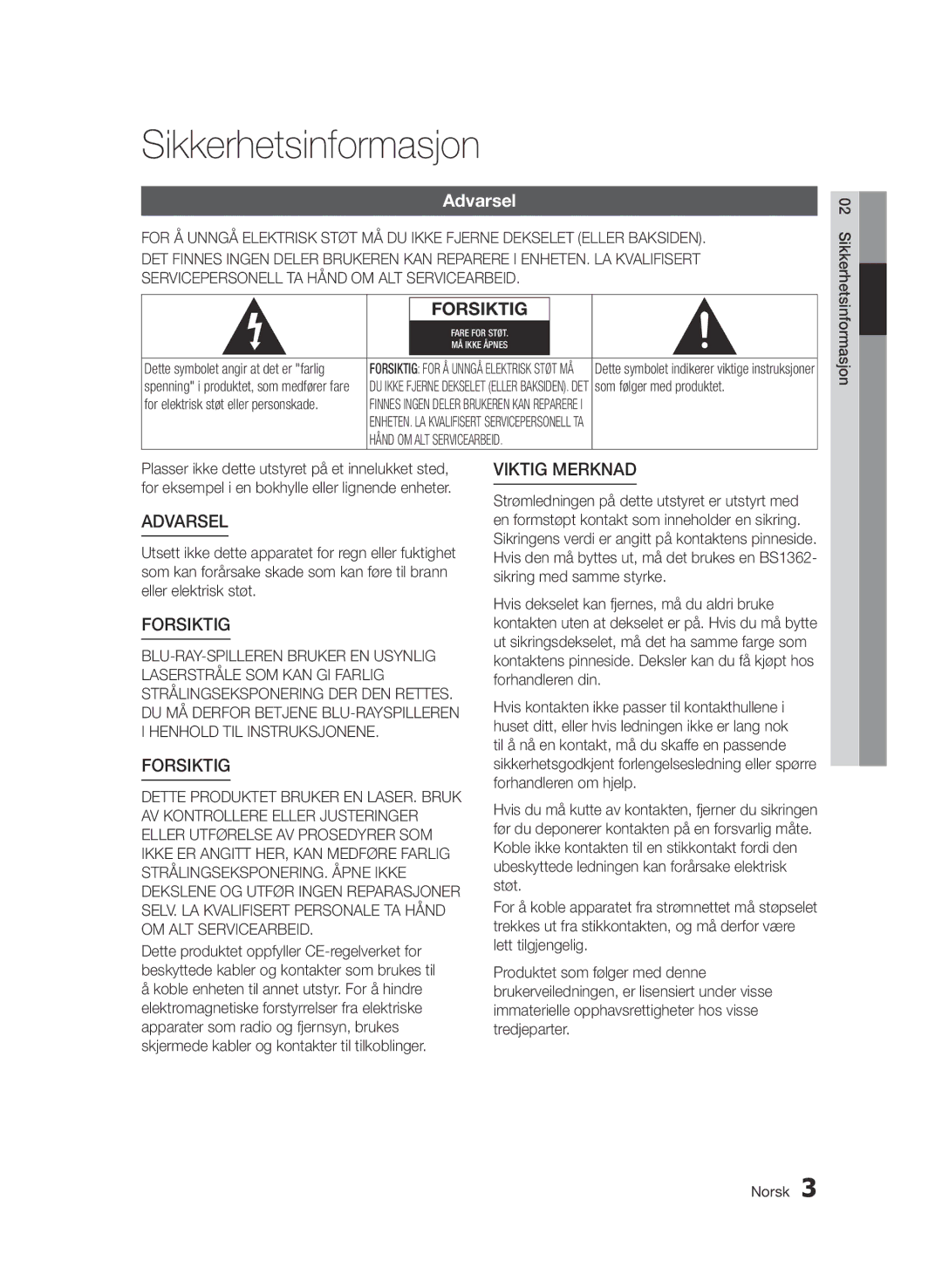 Samsung BD-D6500/XE manual Sikkerhetsinformasjon 