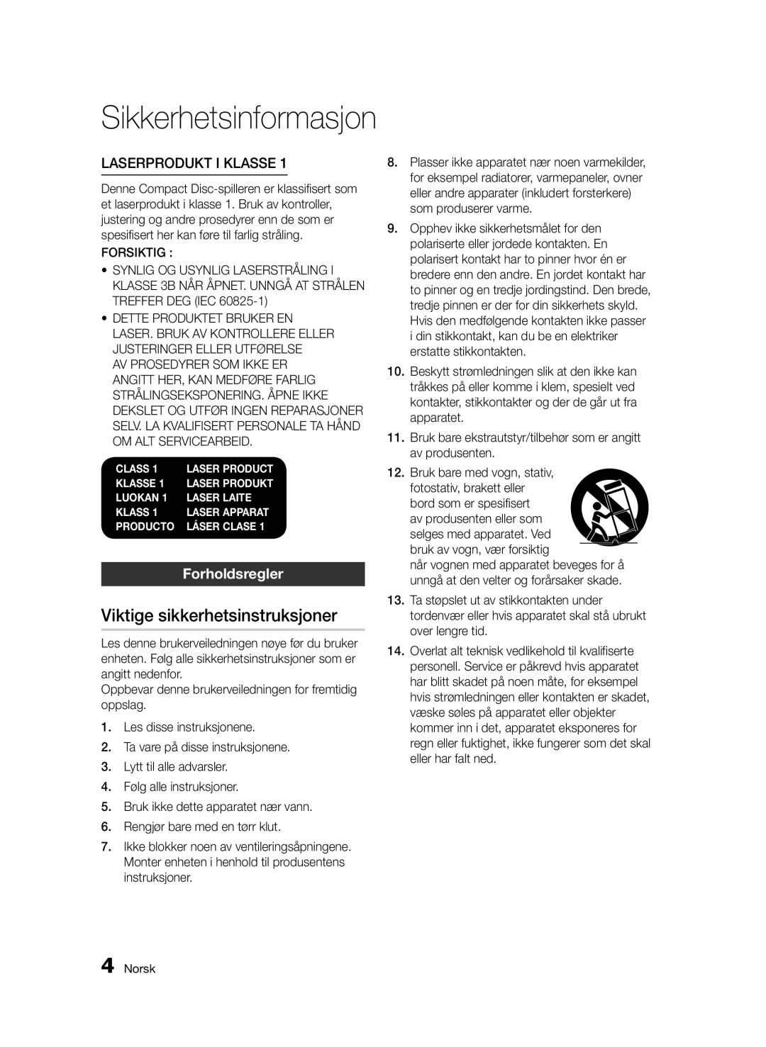 Samsung BD-D6500/XE manual Viktige sikkerhetsinstruksjoner, Forholdsregler 