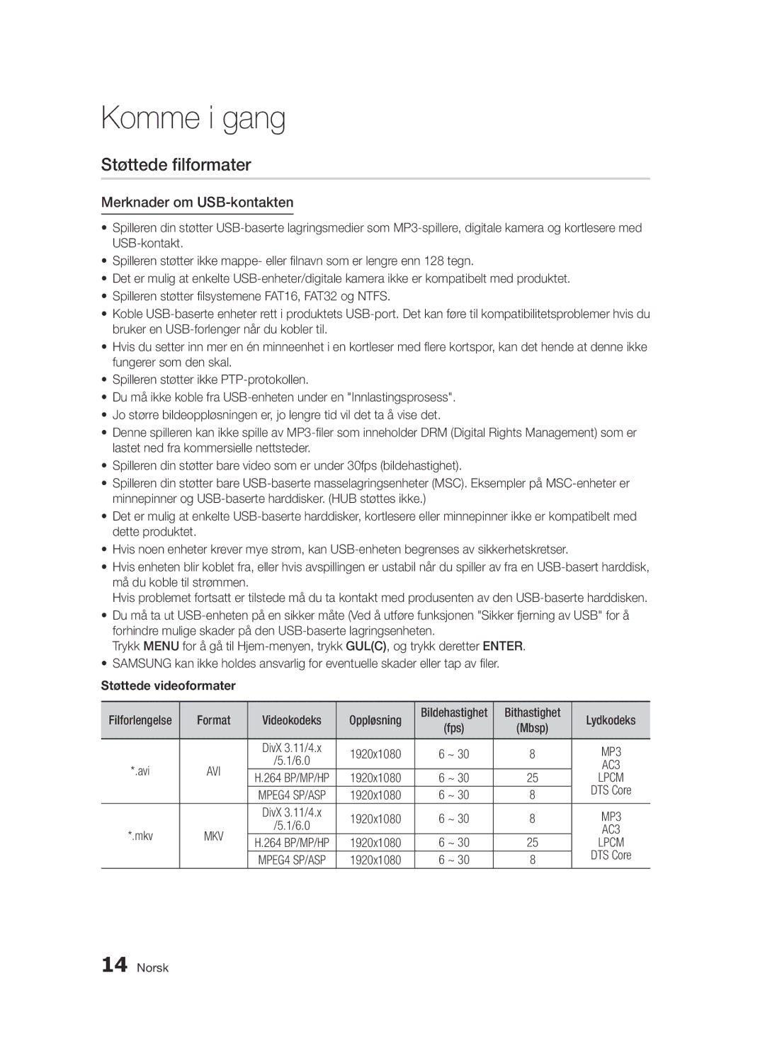 Samsung BD-D6500/XE manual Støttede filformater, Merknader om USB-kontakten, Støttede videoformater 