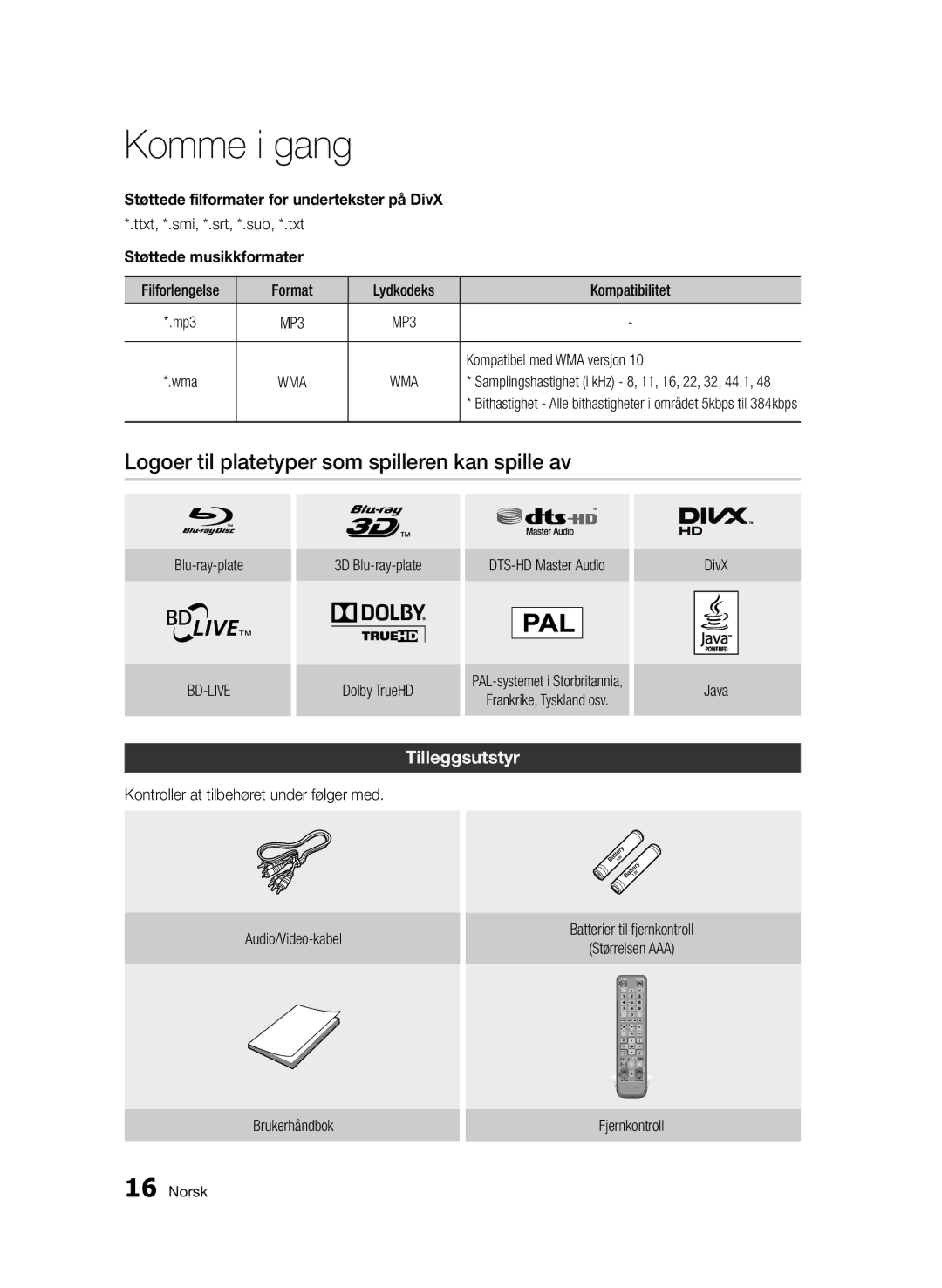 Samsung BD-D6500/XE manual Logoer til platetyper som spilleren kan spille av, Tilleggsutstyr, Støttede musikkformater 