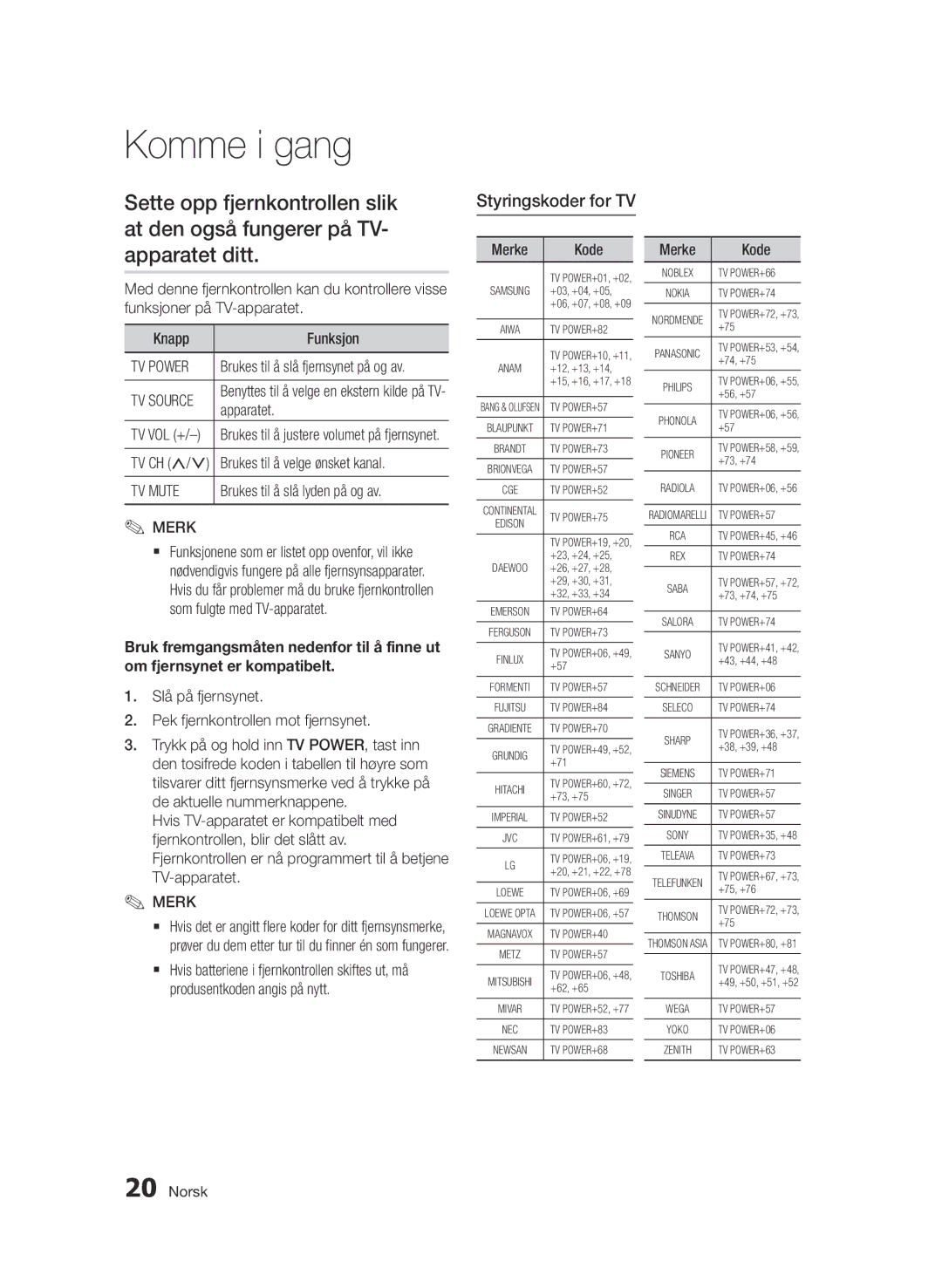 Samsung BD-D6500/XE manual Sette opp fjernkontrollen slik at den også fungerer på TV, Apparatet ditt, Styringskoder for TV 