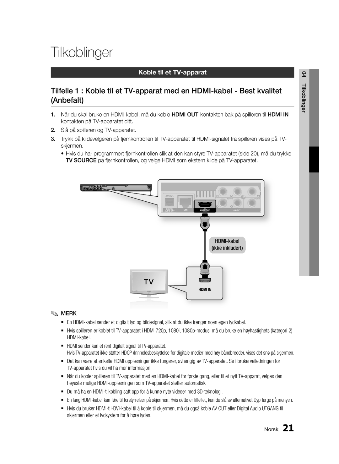 Samsung BD-D6500/XE manual Tilkoblinger, Koble til et TV-apparat, HDMI-kabel Ikke inkludert 