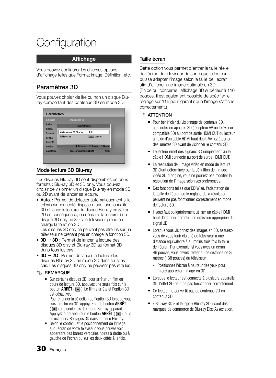 Samsung BD-D6500/EN, BD-D6500/ZA, BD-D6500/XN manual Paramètres 3D, Affichage, Mode lecture 3D Blu-ray, Taille écran, Arrêt 