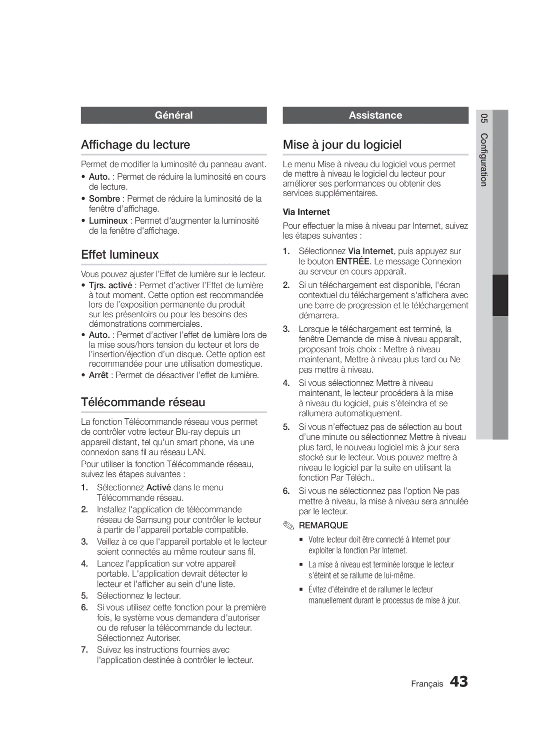 Samsung BD-D6500/ZA, BD-D6500/XN manual Affichage du lecture, Effet lumineux, Télécommande réseau, Mise à jour du logiciel 