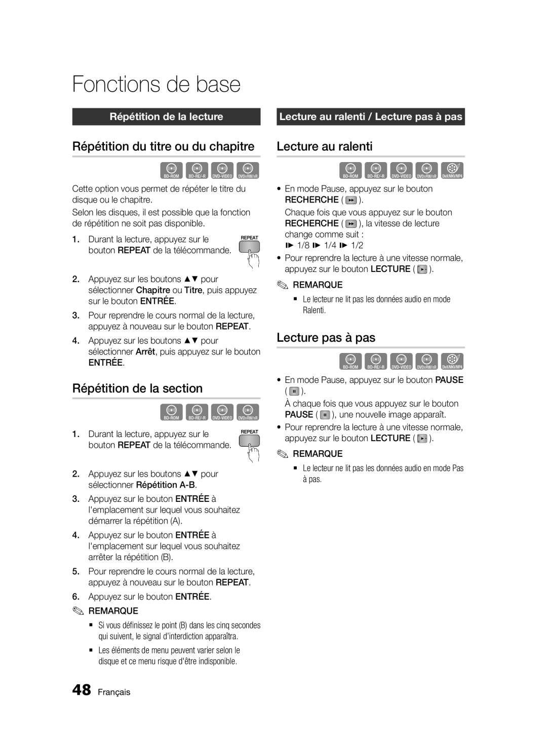 Samsung BD-D6500/ZA Répétition du titre ou du chapitre, Répétition de la section, Lecture au ralenti, Lecture pas à pas 