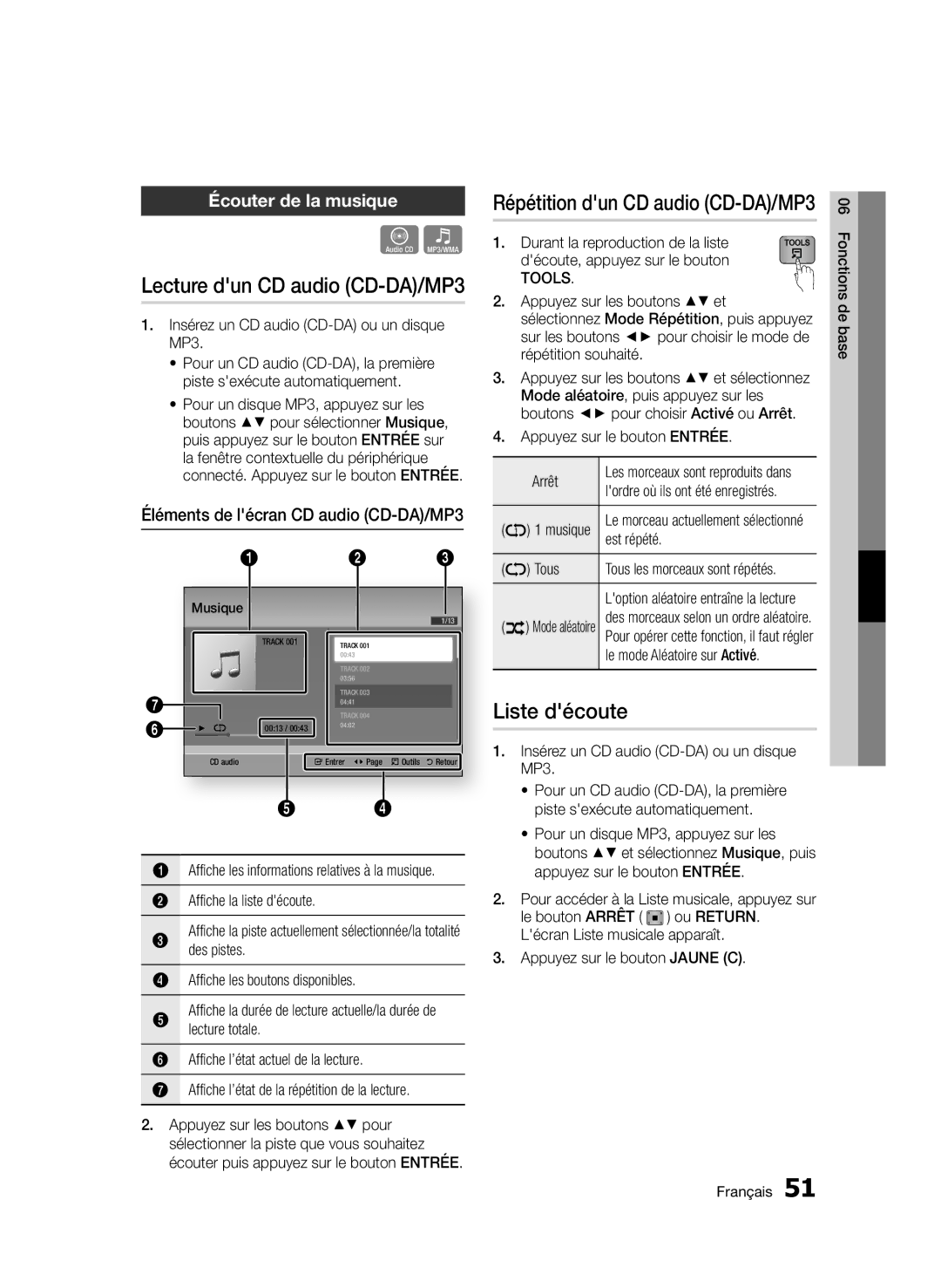 Samsung BD-D6500/ZF, BD-D6500/ZA, BD-D6500/XN, BD-D6500/EN, BD-D6500/XE manual Liste découte, Écouter de la musique 