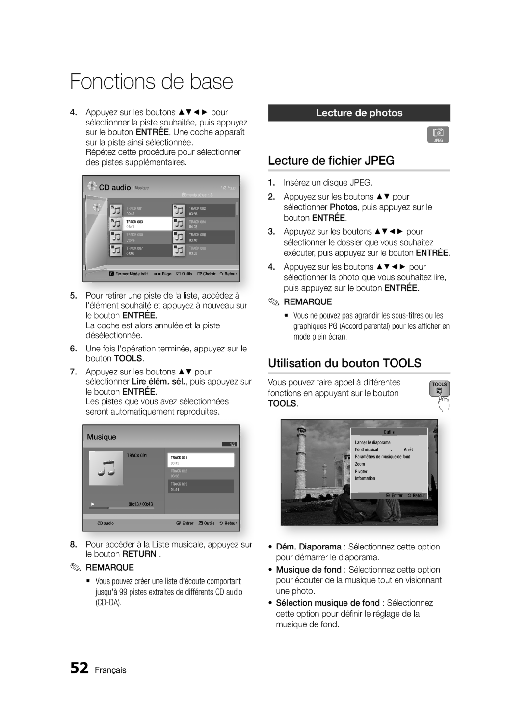 Samsung BD-D6500/XE, BD-D6500/ZA, BD-D6500/XN manual Lecture de fichier Jpeg, Utilisation du bouton TOOLS, Lecture de photos 